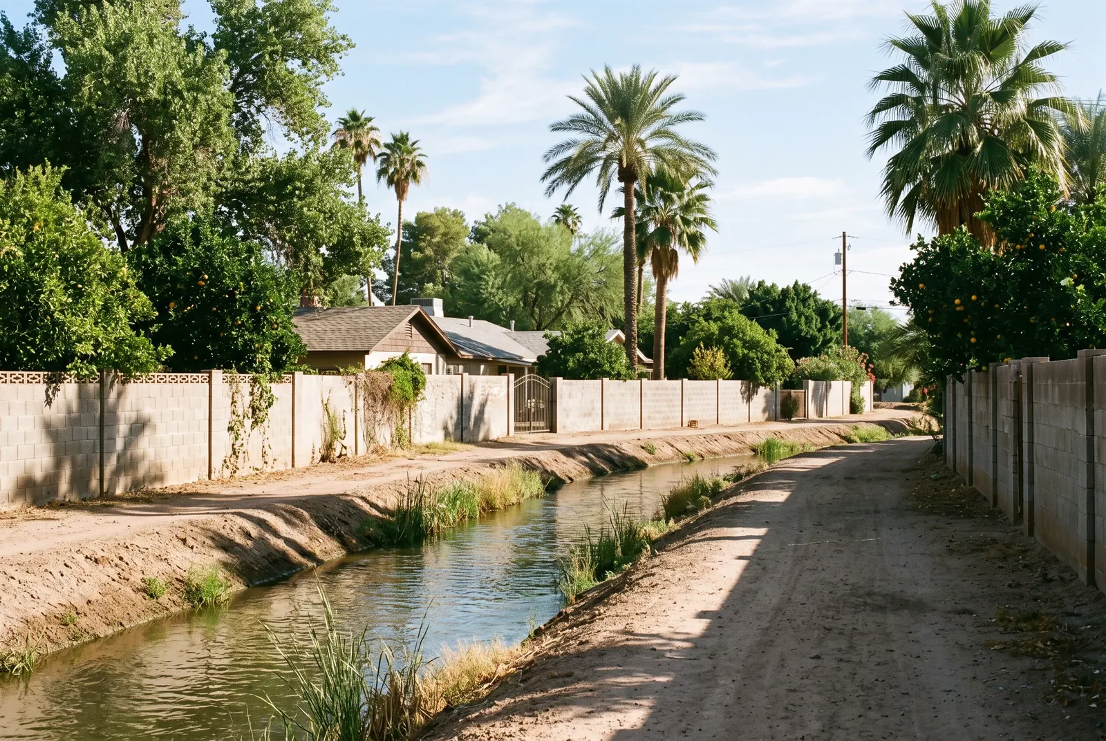 Irrigation canal and path beside an older neighborhood with mature trees