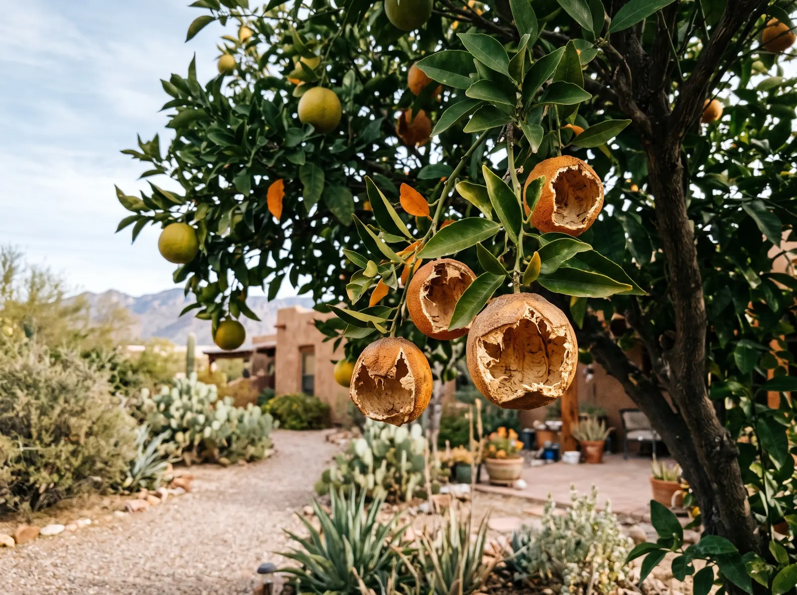 Orange tree with hollowed-out fruit rinds still hanging on the branches