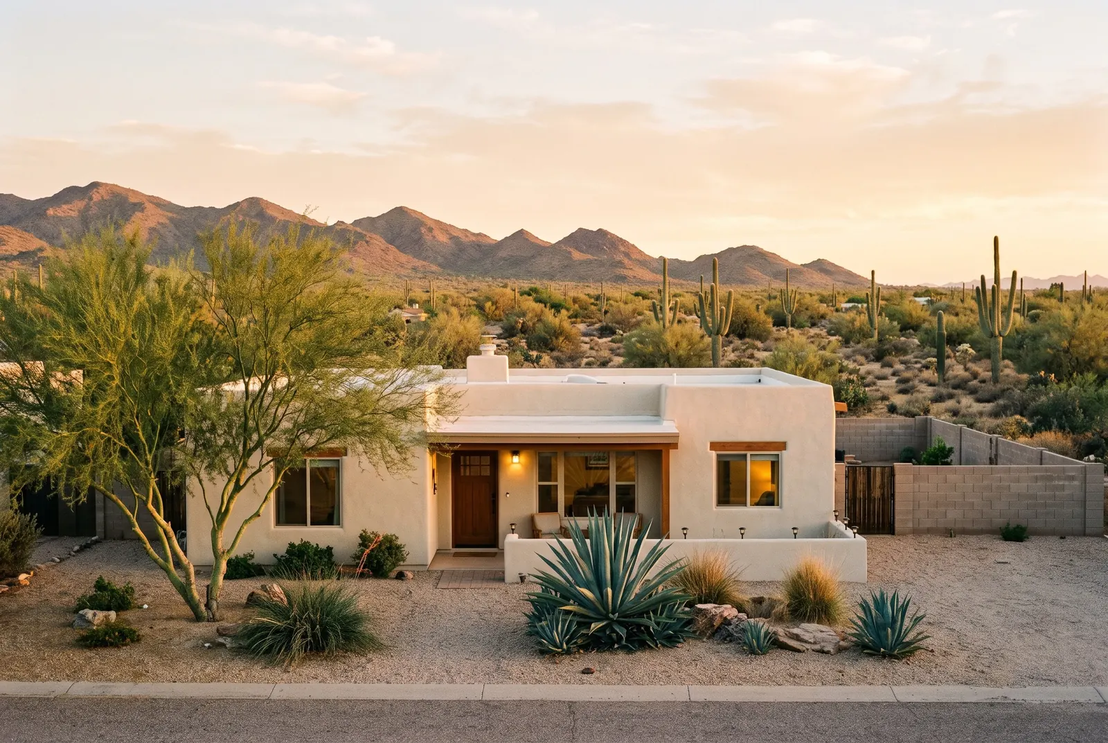 Single-story stucco home with a gravel yard backing onto open Sonoran desert