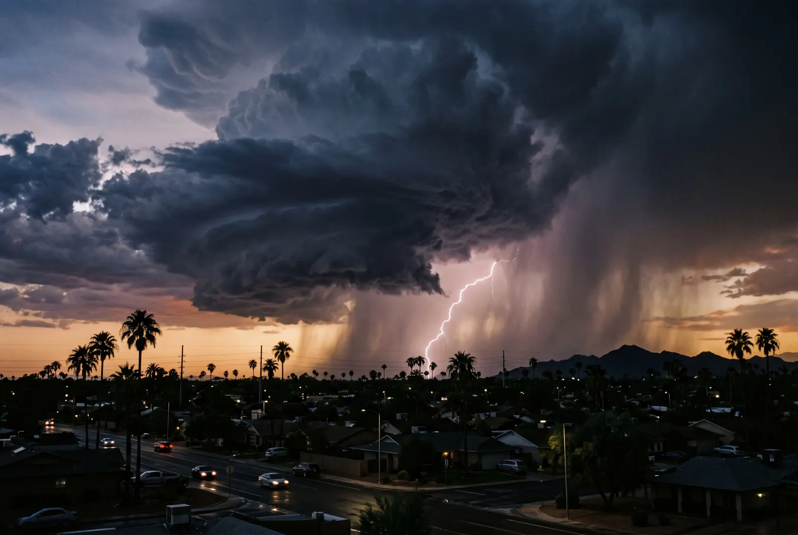 Monsoon storm clouds and lightning over a Phoenix-area neighborhood at dusk