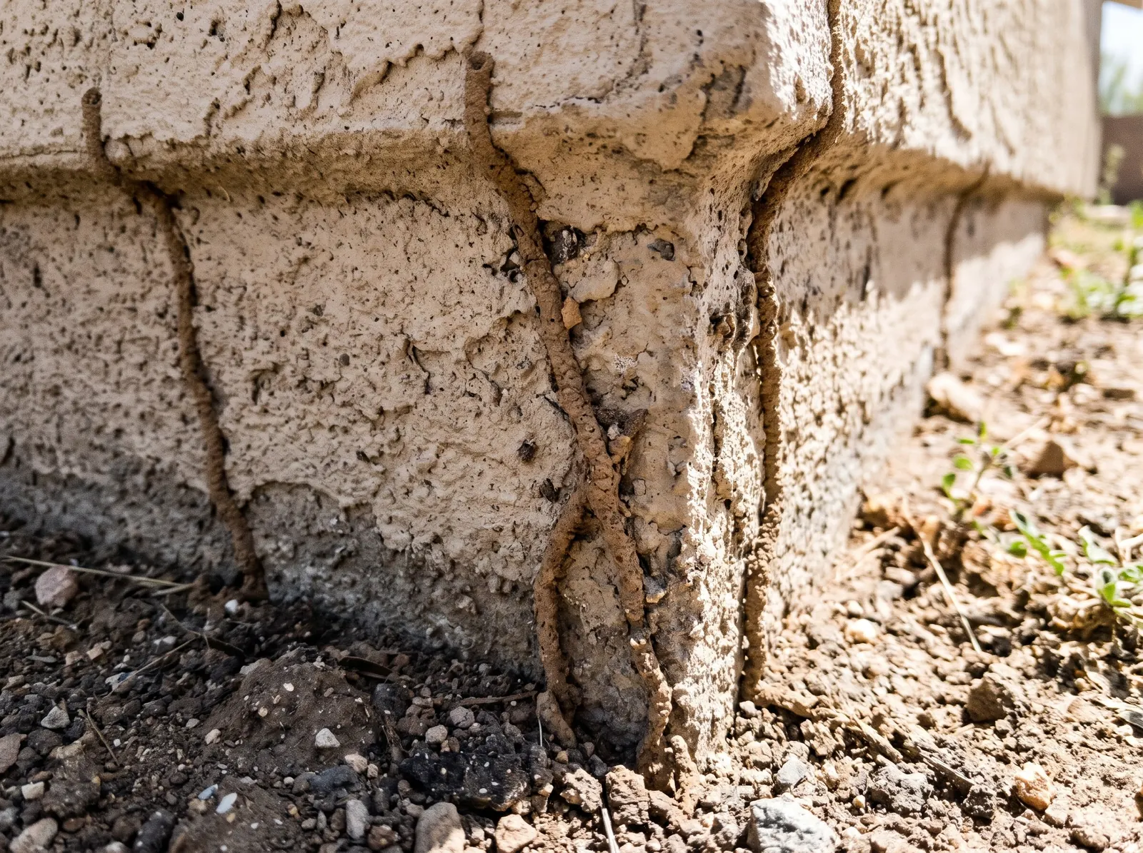 Earthen termite mud tubes climbing a stucco foundation from the soil