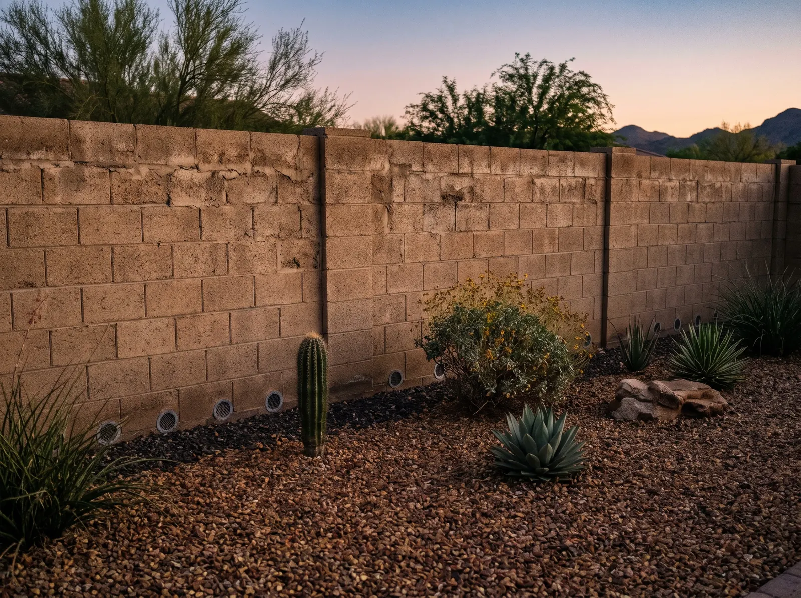 Tan concrete block wall with weep holes along a gravel backyard at dusk